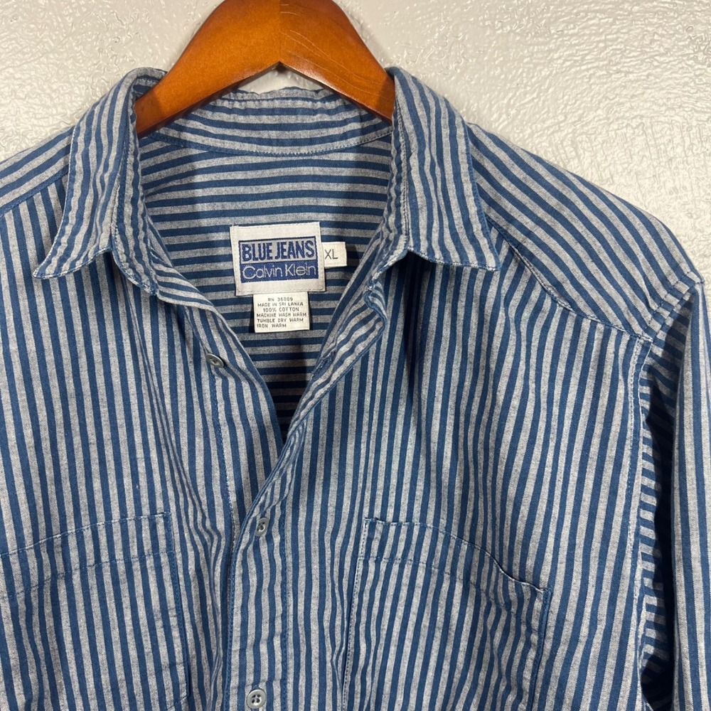 Vintage Calvin Klein Blue Jeans Striped Button Down Shirt XL Blue Gray Cotton